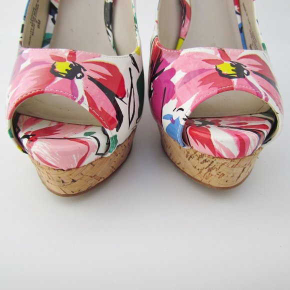 Nine West Leggyr FLORAL WEDGE SANDAL Platform Peep-Toe Cork Slingback 9 M - Picture 8 of 11
